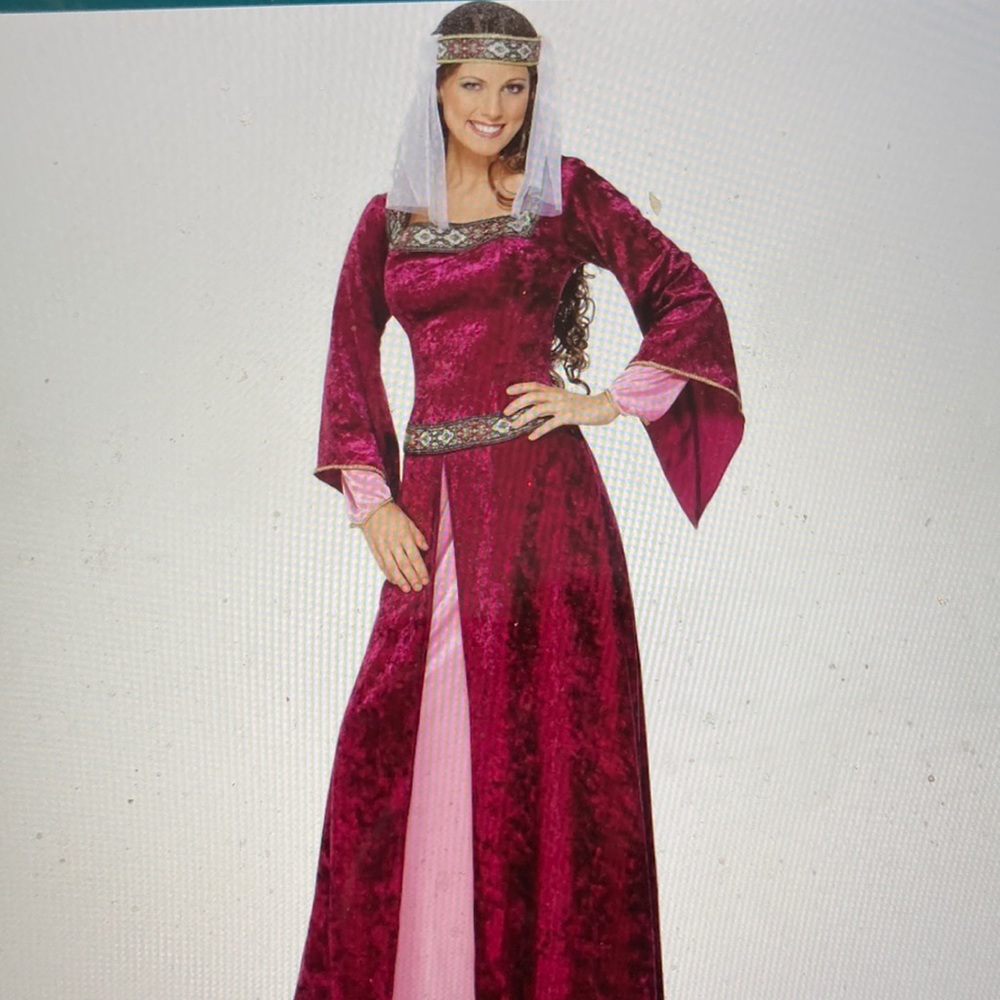 New. Renaissance Maid Marian costume, burgundy, dress with headpiece.